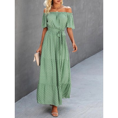 Dot Print Off Shoulder Short Sleeve Dress With Belt