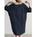 Solid Color 3 4 Sleeve O  neck Pocket Cotton Dress