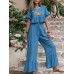 Embroidery Drawstring Waist Ruffle Wide Leg Two Pieces Suit