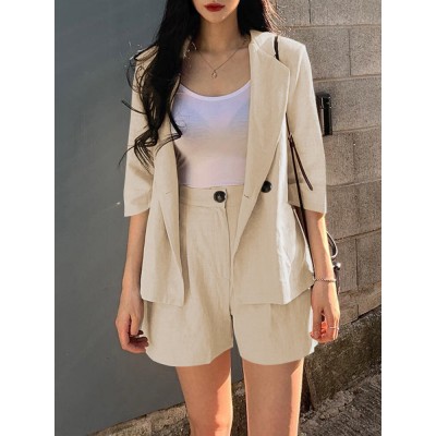 Solid 3 4 Sleeve Lapel Elastic Waist Two Pieces Suit