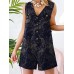 Plants Print Pocket Button Front Sleeveless V  neck Romper