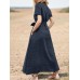 Solid Pocket Sash Short Sleeve Cotton Casual Maxi Dress