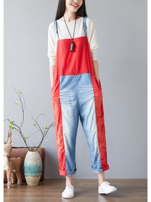 Simple Red pockets Patchwork jeans Jumpsuit Spring