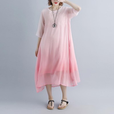 fine cotton dresses trendy plus size Fake Two-piece Pockets Retro Pink Summer Dress