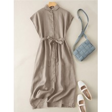 Solid Button Sash Lapel Short Sleeve Casual Cotton Shirt Dress