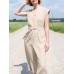 Solid Sash V Neck Pocket Sleeveless Casual Cotton Jumpsuit