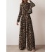 Leopard Print Button Zip Long Sleeve Crew Neck Two Pieces Set