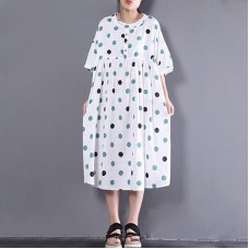 women linen shift dress oversized Loose Short Sleeve Dots Printed White Pleated Dress