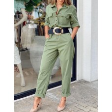 Women Side Pockets Button Solid Color Elastic Waist Two  Piece Sets