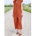 Solid Sash V Neck Pocket Sleeveless Casual Cotton Jumpsuit