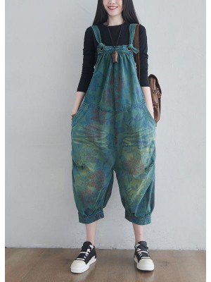 Women Blue pockets Print denim Jumpsuits Spring