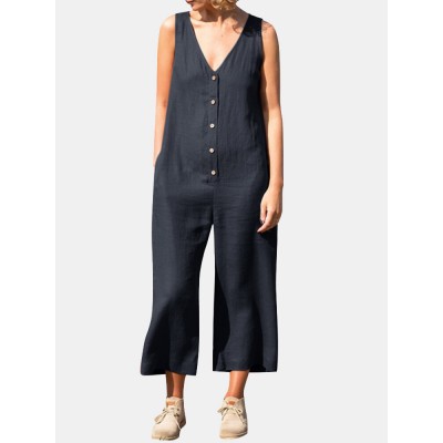 Solid Button V Neck Sleeveless Casual Cotton Jumpsuit