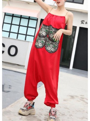 New red tide straps trousers embroidery cat head loose jumpsuit female summer strap pants