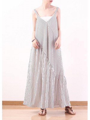 White Stripe Suspender Large Chiffon Jumpsuit Wide Leg Pants Summer