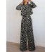 Leopard Print Button Zip Long Sleeve Crew Neck Two Pieces Set