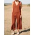 Solid Button V Neck Sleeveless Casual Cotton Jumpsuit