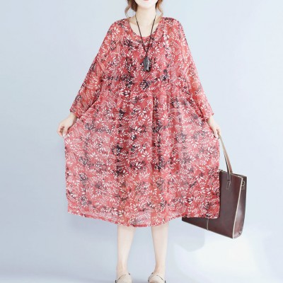 women red floral chiffon dress plus size clothing dresses long sleeve two pieces and cotton sleeveless dress