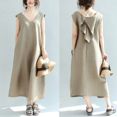 Original khaki casual linen dresses plus size v neck sundress sleeveless maxi dress