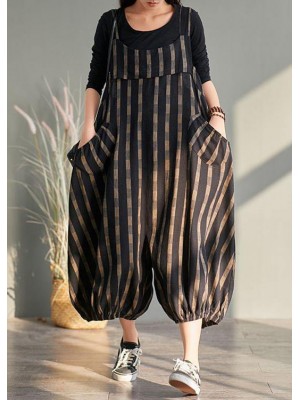 Spring plus size plus fertilizer to increase bloomers striped cotton and linen jumpsuit