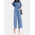 Solid Belt Pocket Rolled Sleeve Wide Leg Two Pieces Suit