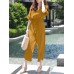 Solid Belt Pocket Button Ruffle Sleeve V  neck Jumpsuit