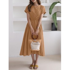 Solid Drawstring Short Sleeve Round Neck Casual Midi Dress