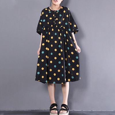 Fine pure Chiffon dress oversize Loose Short Sleeve Dots Printed Black Pleated Dress