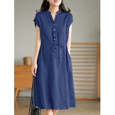 Solid Pocket Drawstring Waist Button V  neck Short Sleeve Dress