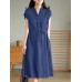 Solid Pocket Drawstring Waist Button V  neck Short Sleeve Dress