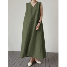 Solid V Neck Sleeveless Casual Cotton Maxi Dress