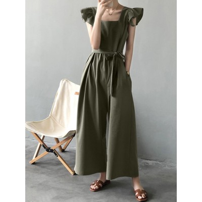 Solid Ruffle Sleeve Pocket Square Collar Wide Leg Jumpsuit