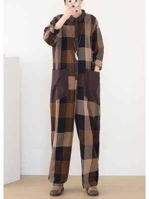 spring big pockets ming Harem cotton brown plus szie  plaid jumpsuit