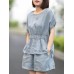 Leisure Solid Pocket Ruched High  Low Hem Elastic Waist Cotton Suit