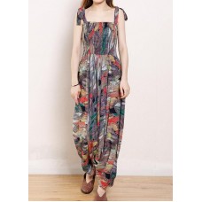 Organic Cotton Sleeveless Fun Vintage Cotton Print Drawstring Loose Jumpsuit