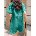 Solid Drawstring Waist Pocket Lapel Short Sleeve Cargo Romper