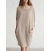 Solid Color 3 4 Sleeve O  neck Pocket Cotton Dress