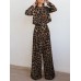 Leopard Print Button Zip Long Sleeve Crew Neck Two Pieces Set